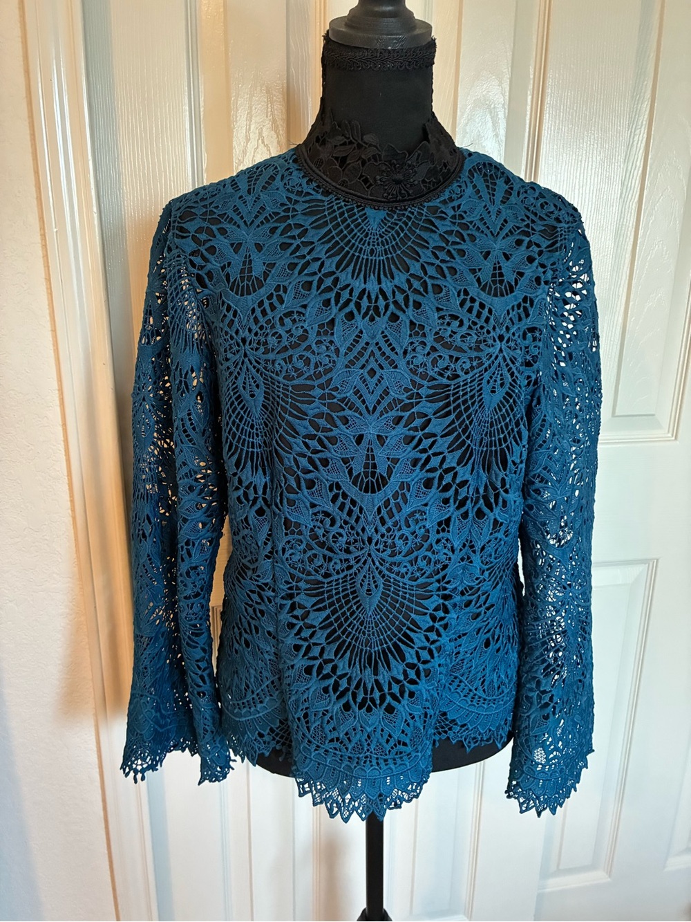Nanette Lepore Teal Crochet Lace Long Sleeve Top